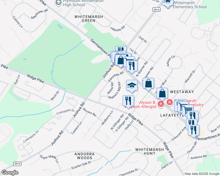 map of restaurants, bars, coffee shops, grocery stores, and more near 3022 Edmonds Road in Lafayette Hill