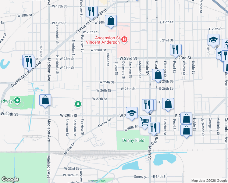 map of restaurants, bars, coffee shops, grocery stores, and more near 2519 Brown Street in Anderson