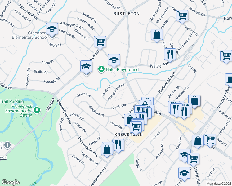 map of restaurants, bars, coffee shops, grocery stores, and more near 9345 Rising Sun Avenue in Philadelphia