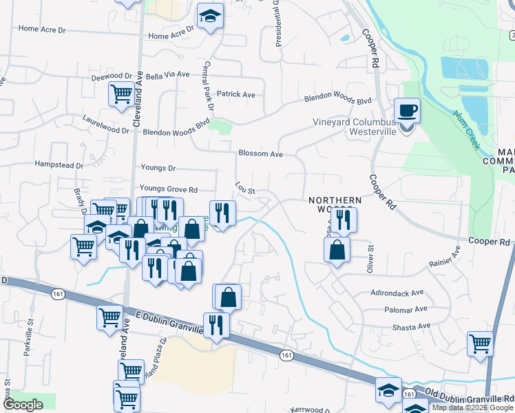 map of restaurants, bars, coffee shops, grocery stores, and more near 3142 Vista View Boulevard in Columbus