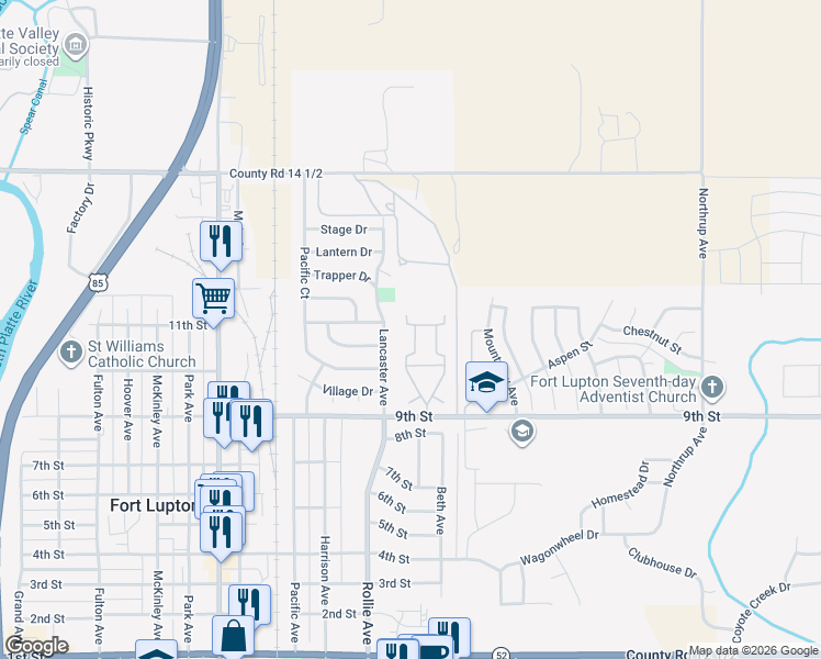 map of restaurants, bars, coffee shops, grocery stores, and more near 1401 9th Street in Fort Lupton