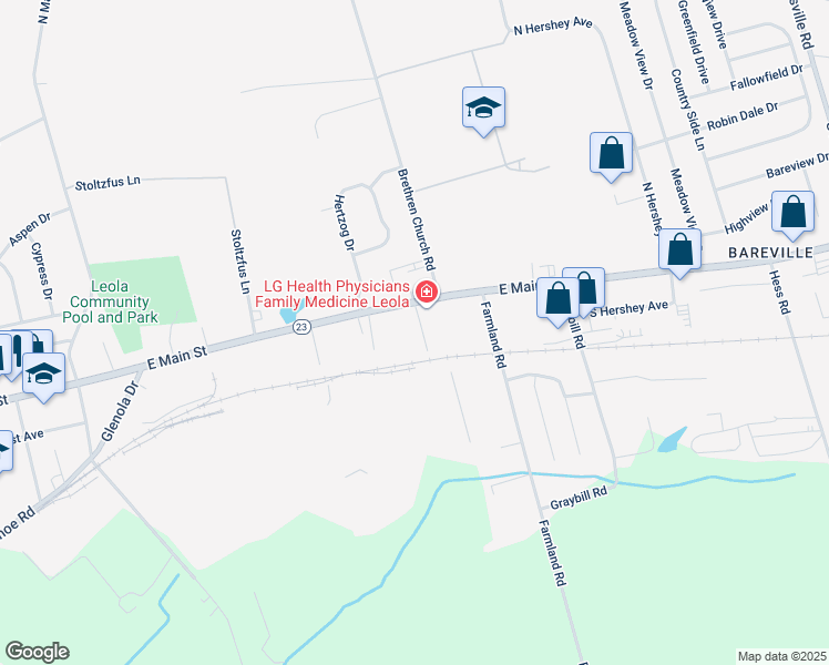 map of restaurants, bars, coffee shops, grocery stores, and more near 22 Stauffer Court in Leola