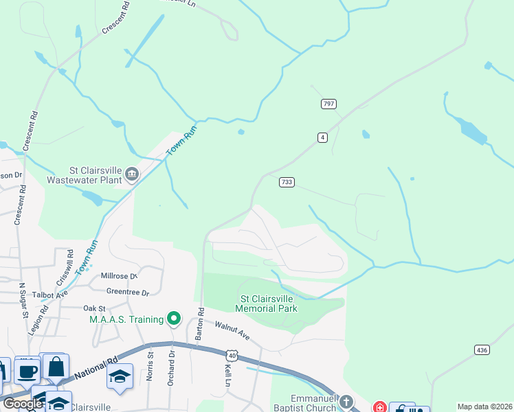 map of restaurants, bars, coffee shops, grocery stores, and more near 50189 Cindy Drive in St. Clairsville