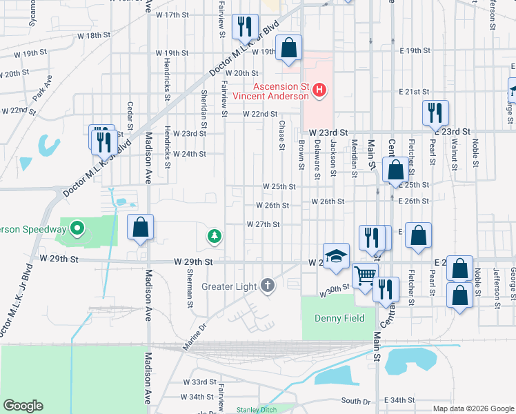 map of restaurants, bars, coffee shops, grocery stores, and more near 2518 Lincoln Street in Anderson