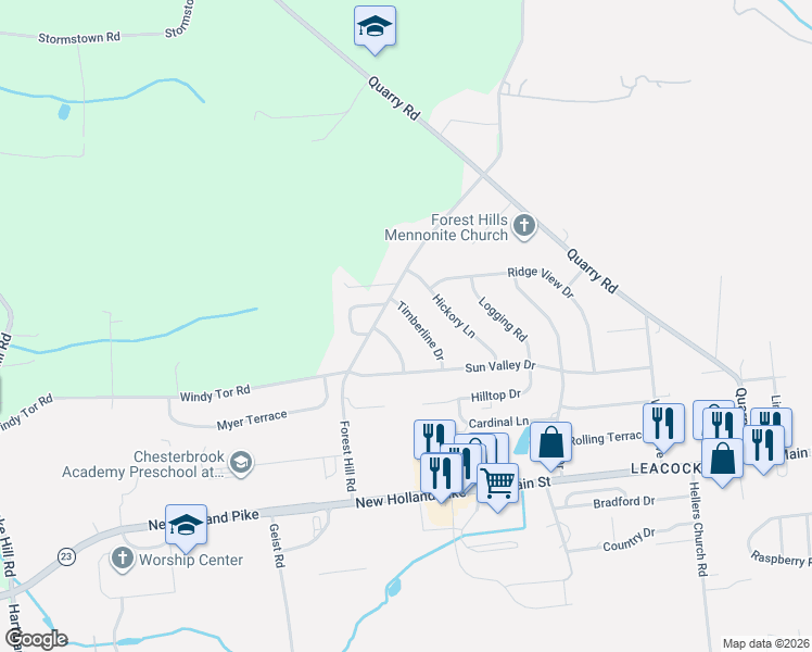 map of restaurants, bars, coffee shops, grocery stores, and more near 59 Timberline Drive in Leacock-Leola-Bareville