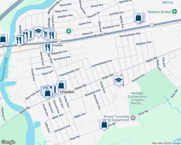 map of restaurants, bars, coffee shops, grocery stores, and more near 702 Wyoming Ave in Croydon
