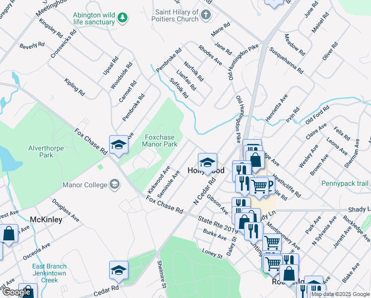 map of restaurants, bars, coffee shops, grocery stores, and more near 743 Kirkwood Avenue in Jenkintown
