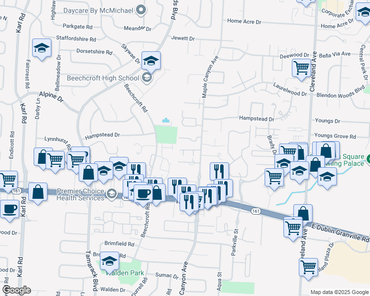 map of restaurants, bars, coffee shops, grocery stores, and more near 2108 Martell Drive in Columbus