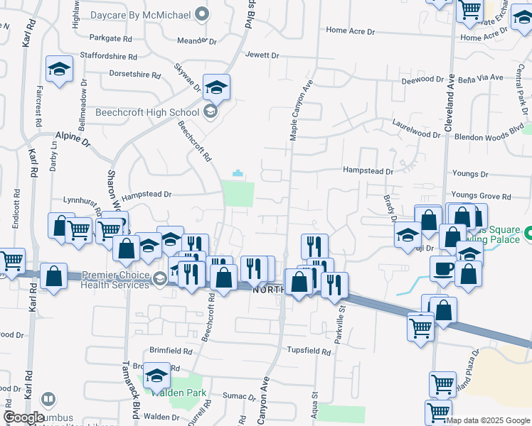 map of restaurants, bars, coffee shops, grocery stores, and more near 2106 Martell Drive in Columbus