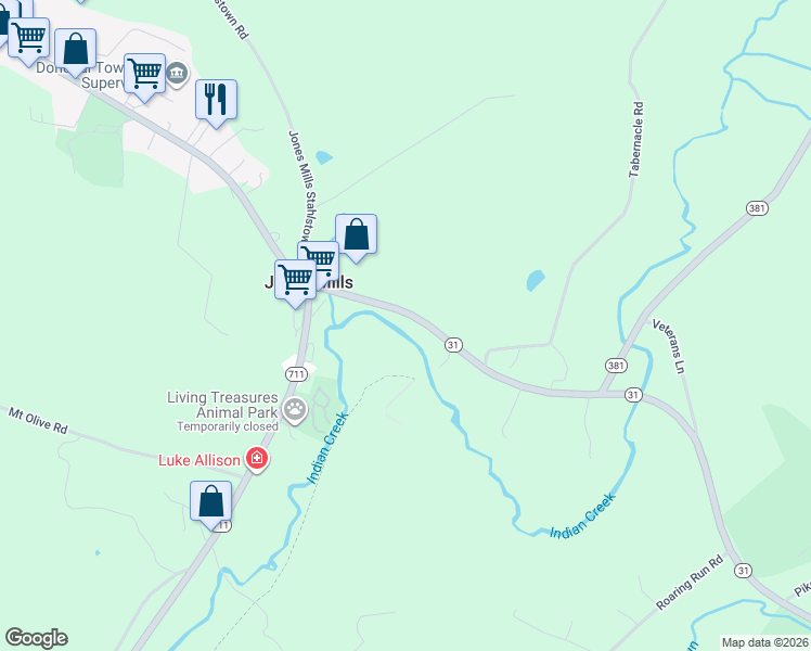 map of restaurants, bars, coffee shops, grocery stores, and more near 4053 Pennsylvania 31 in Jones Mills