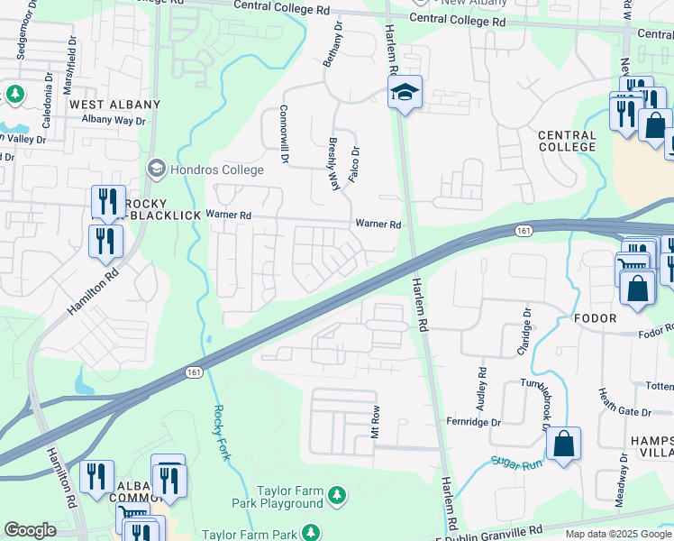 map of restaurants, bars, coffee shops, grocery stores, and more near Albany Springs Drive in Westerville