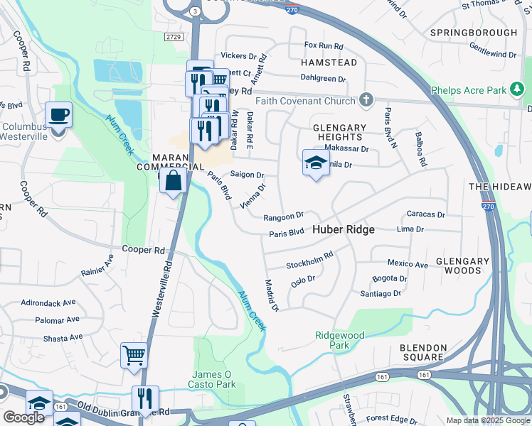 map of restaurants, bars, coffee shops, grocery stores, and more near 3501 Canberra Court in Westerville