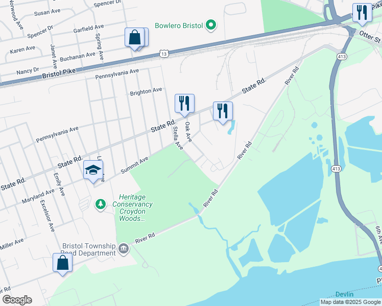 map of restaurants, bars, coffee shops, grocery stores, and more near 910 Oak Avenue in Croydon