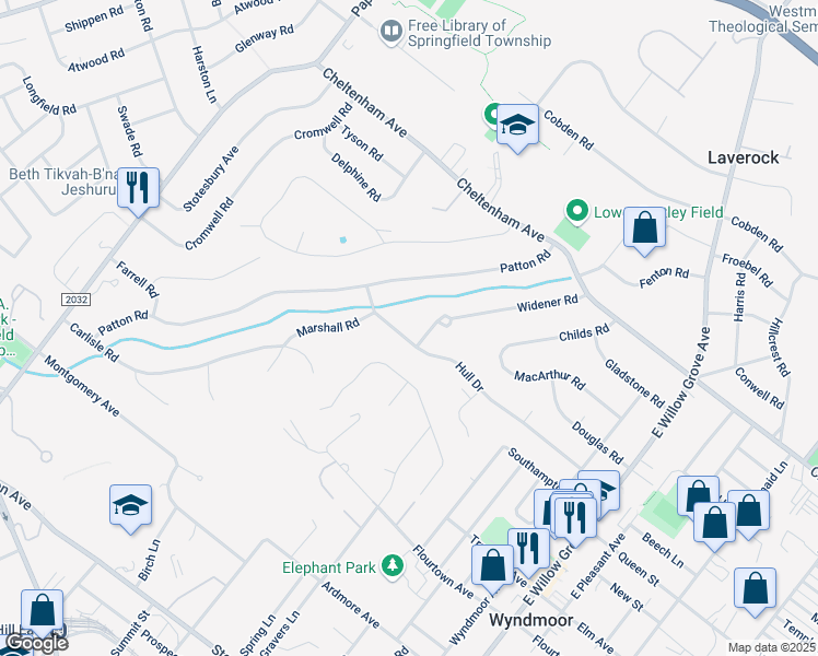 map of restaurants, bars, coffee shops, grocery stores, and more near 8603 Hull Drive in Wyndmoor