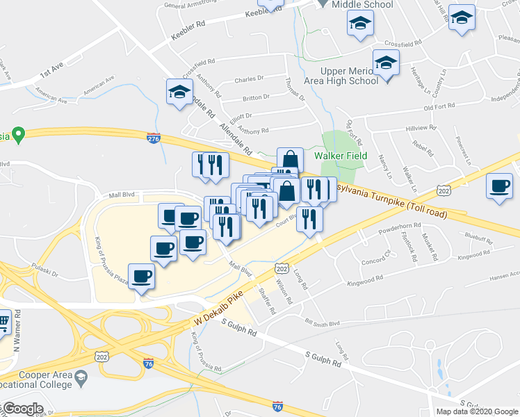 map of restaurants, bars, coffee shops, grocery stores, and more near 648 Wills Boulevard in King of Prussia