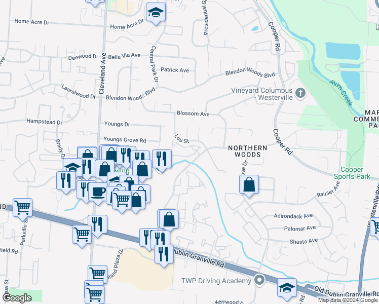 map of restaurants, bars, coffee shops, grocery stores, and more near 2776 Windridge Drive in Columbus