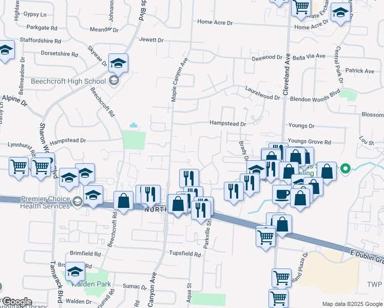map of restaurants, bars, coffee shops, grocery stores, and more near 5944 Slippery Rock Drive in Columbus