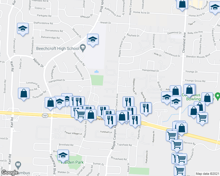 map of restaurants, bars, coffee shops, grocery stores, and more near 2136 Maple Bend in Columbus
