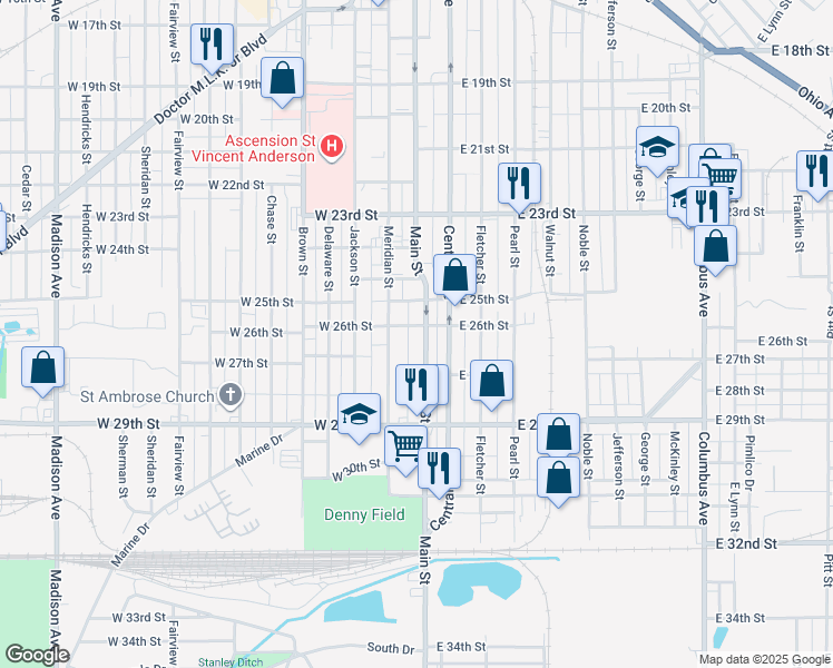 map of restaurants, bars, coffee shops, grocery stores, and more near 2519 Main Street in Anderson