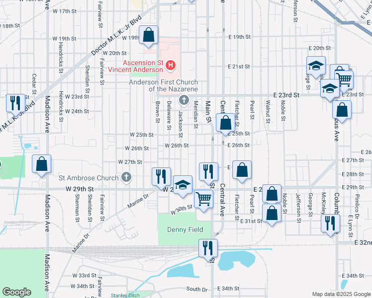 map of restaurants, bars, coffee shops, grocery stores, and more near in Anderson