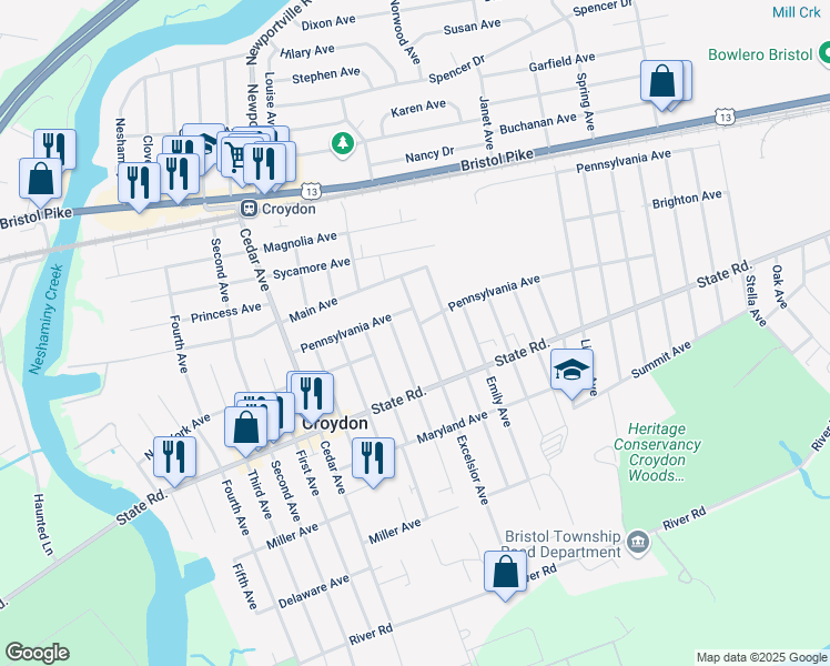 map of restaurants, bars, coffee shops, grocery stores, and more near 616 Excelsior Avenue in Croydon