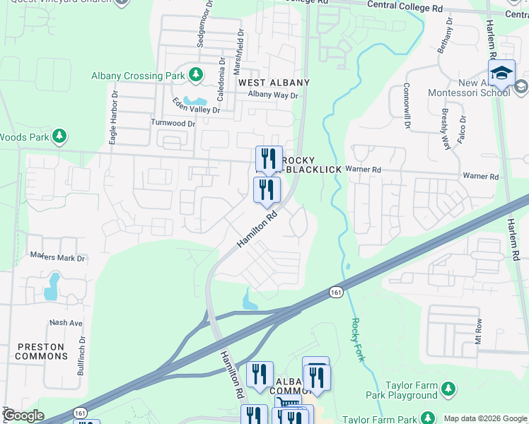 map of restaurants, bars, coffee shops, grocery stores, and more near 6411 Hamilton Road in Westerville
