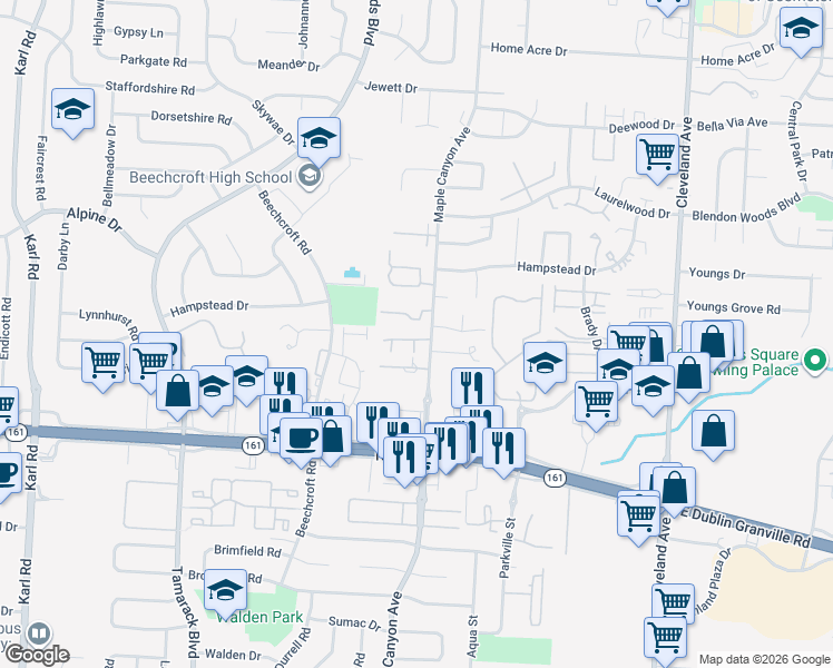 map of restaurants, bars, coffee shops, grocery stores, and more near 2136 Maple Bend in Columbus