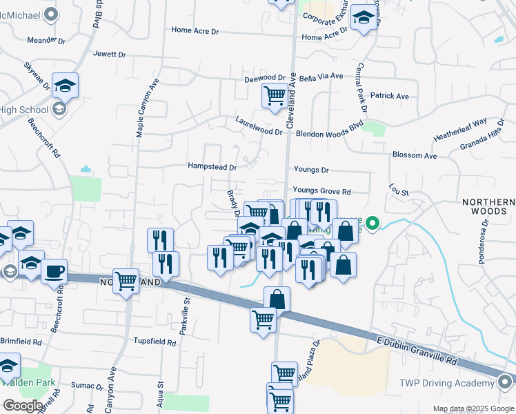 map of restaurants, bars, coffee shops, grocery stores, and more near 2531 Arborview Drive in Columbus