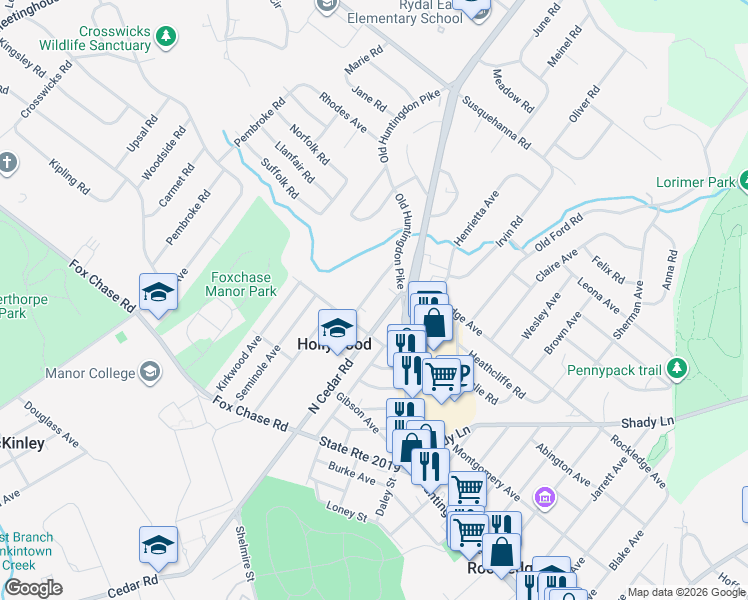 map of restaurants, bars, coffee shops, grocery stores, and more near 848 Old Huntingdon Pike in Montgomery County