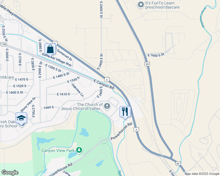map of restaurants, bars, coffee shops, grocery stores, and more near 3480 East Canyon Road in Spanish Fork
