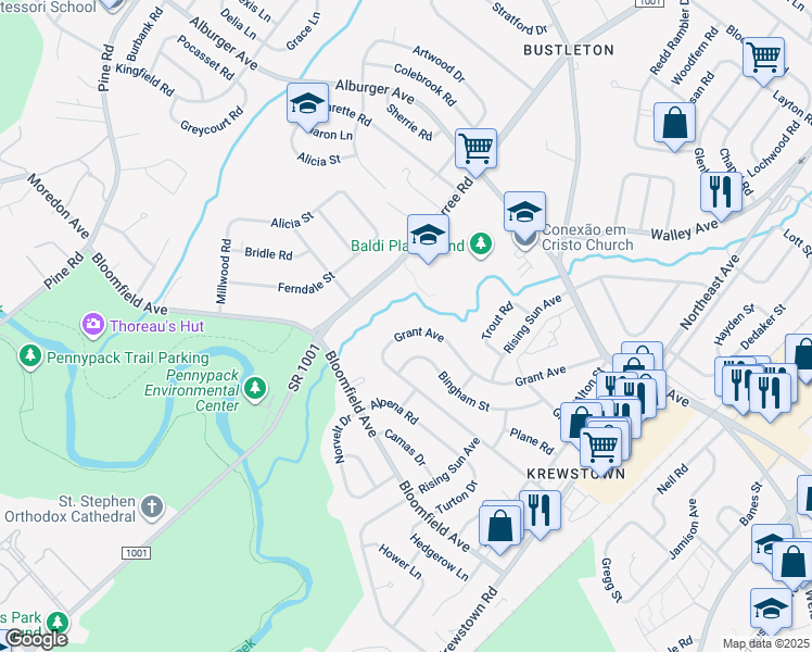 map of restaurants, bars, coffee shops, grocery stores, and more near 1019 Grant Avenue in Philadelphia