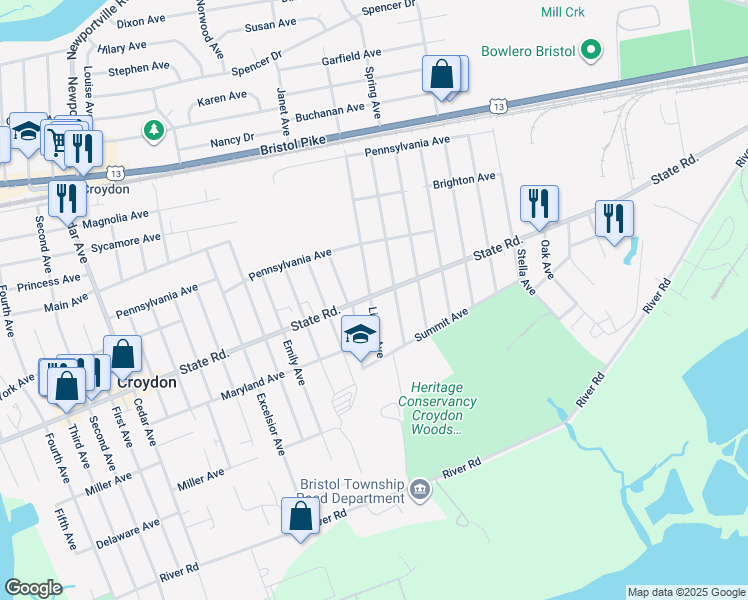 map of restaurants, bars, coffee shops, grocery stores, and more near 1913 State Road in Croydon
