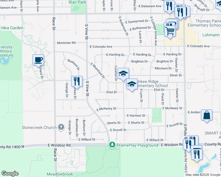 map of restaurants, bars, coffee shops, grocery stores, and more near 501 East Mumford Drive in Urbana