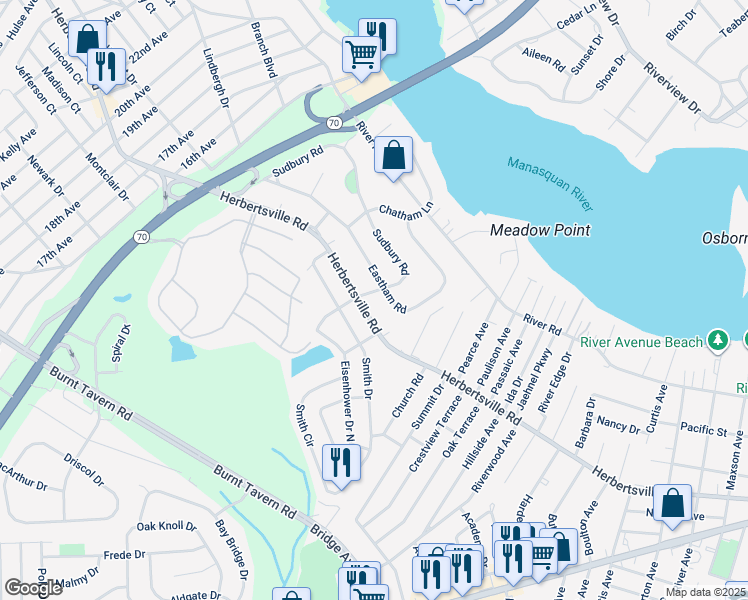 map of restaurants, bars, coffee shops, grocery stores, and more near 307 Sudbury Road in Point Pleasant