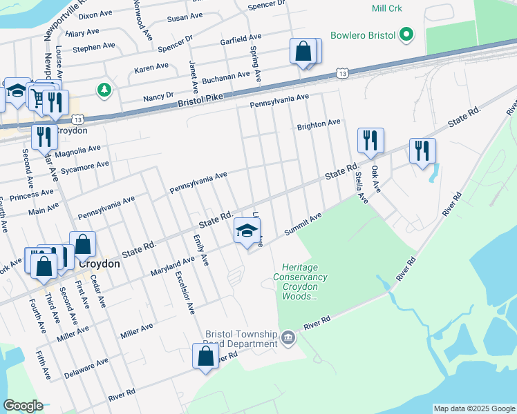 map of restaurants, bars, coffee shops, grocery stores, and more near 1904 State Road in Croydon