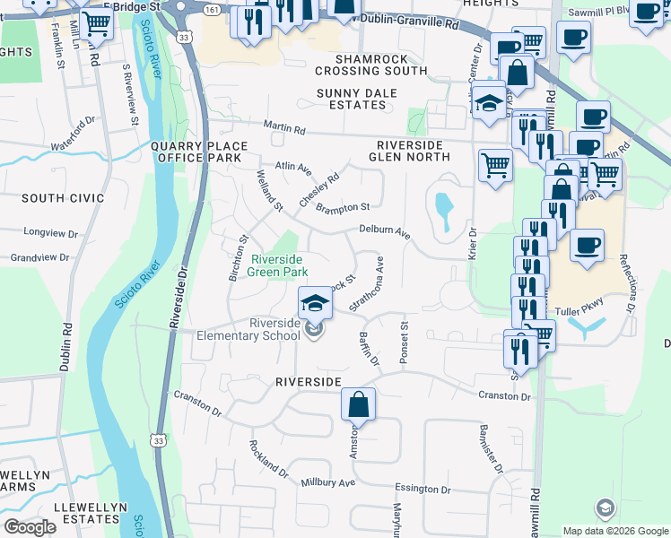 map of restaurants, bars, coffee shops, grocery stores, and more near 6651 Brock Street in Dublin