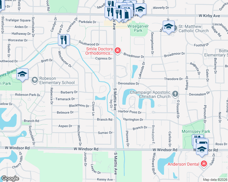 map of restaurants, bars, coffee shops, grocery stores, and more near 2003 South Mattis Avenue in Champaign
