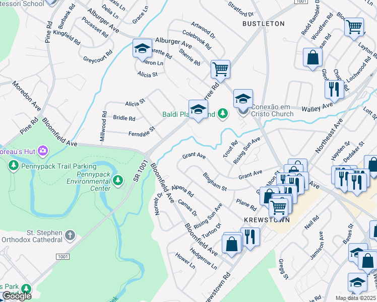 map of restaurants, bars, coffee shops, grocery stores, and more near 1019 Grant Avenue in Philadelphia