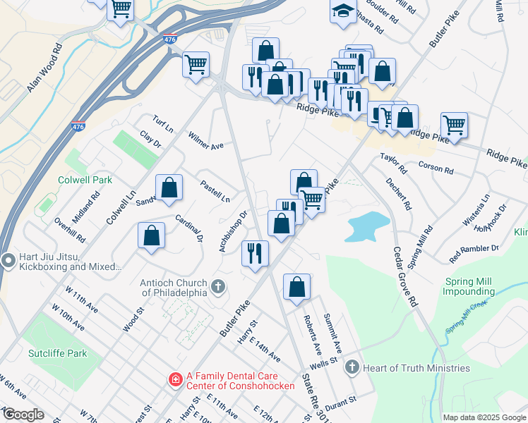 map of restaurants, bars, coffee shops, grocery stores, and more near 110 West North Lane in Conshohocken