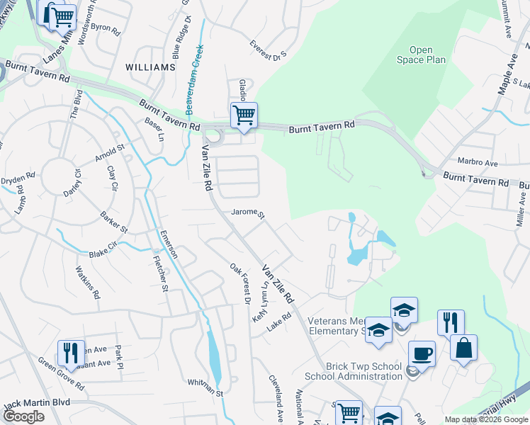 map of restaurants, bars, coffee shops, grocery stores, and more near 57 Red Maple Drive in Brick Township