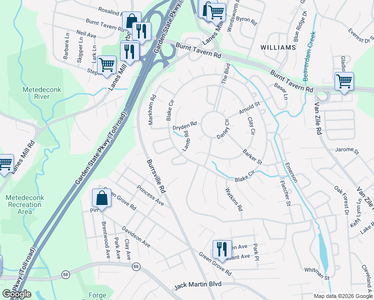 map of restaurants, bars, coffee shops, grocery stores, and more near 16 Lamb Road in Brick Township