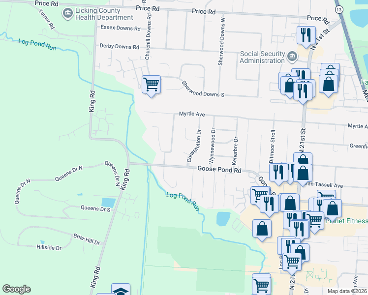 map of restaurants, bars, coffee shops, grocery stores, and more near 1545 Paul Revere Drive in Newark
