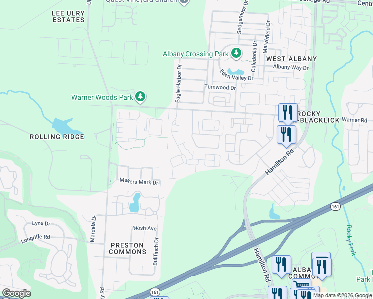 map of restaurants, bars, coffee shops, grocery stores, and more near Loxmoor Lane in Westerville