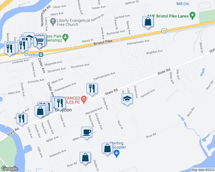 map of restaurants, bars, coffee shops, grocery stores, and more near 735 Church Street in Croydon