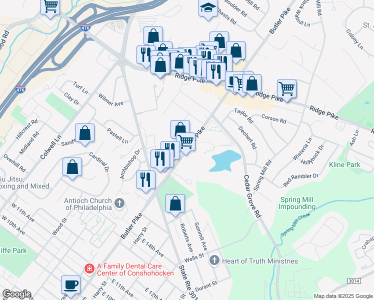 map of restaurants, bars, coffee shops, grocery stores, and more near 1725 Butler Pike in Conshohocken