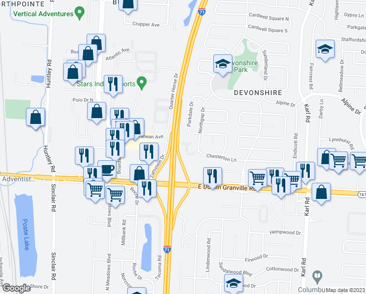 map of restaurants, bars, coffee shops, grocery stores, and more near 1171 Sanborn Place in Columbus