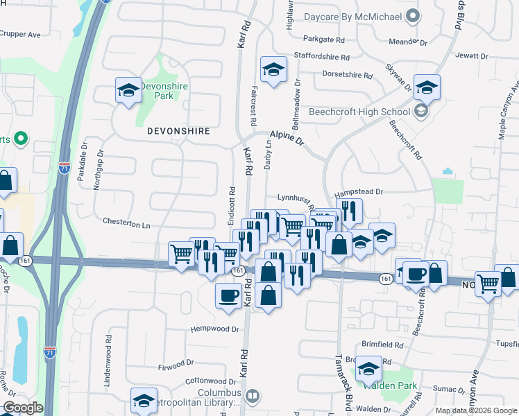 map of restaurants, bars, coffee shops, grocery stores, and more near 1649 Lynnhurst Road in Columbus