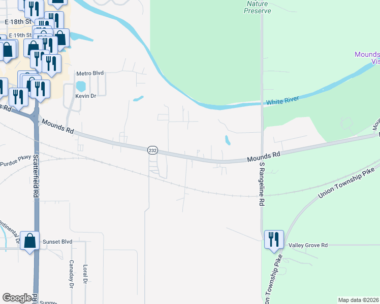 map of restaurants, bars, coffee shops, grocery stores, and more near 3004 Mounds Road in Anderson