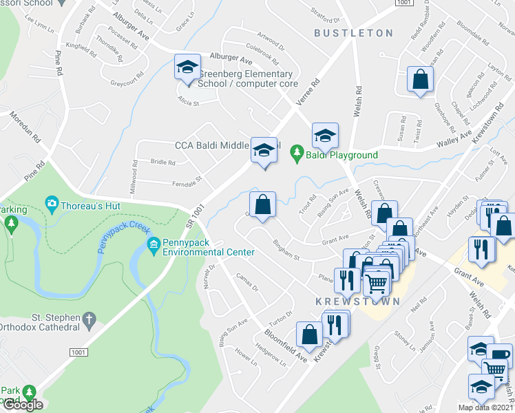 map of restaurants, bars, coffee shops, grocery stores, and more near 1025 Grant Avenue in Philadelphia