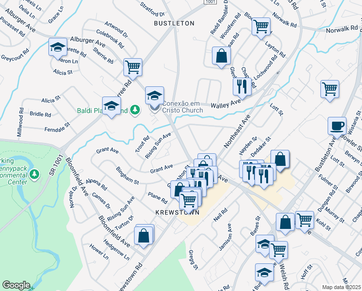 map of restaurants, bars, coffee shops, grocery stores, and more near 1110 Welsh Road in Philadelphia